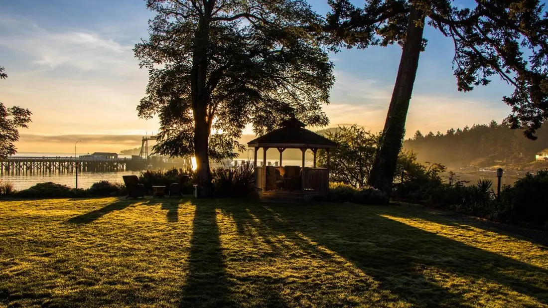 The inn’s gardens and gazebo at sunrise